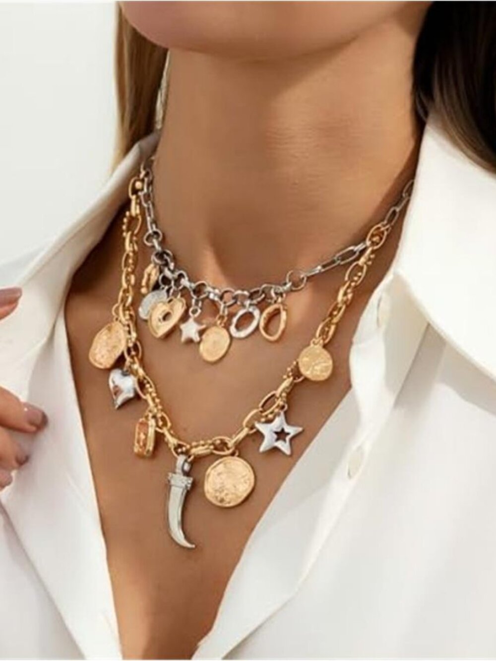 Statement Layered Two Tone Star Heart Tassel Choker Necklace for Women Trendy,
